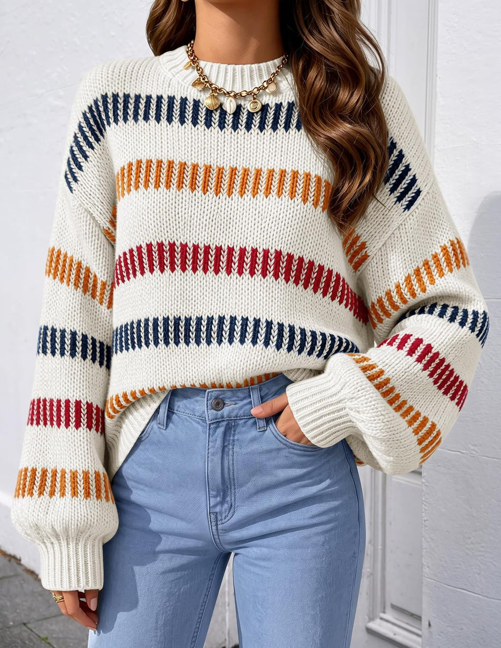Womens Striped Fall Winter Sweaters Oversize Cozy  Ivory - top view