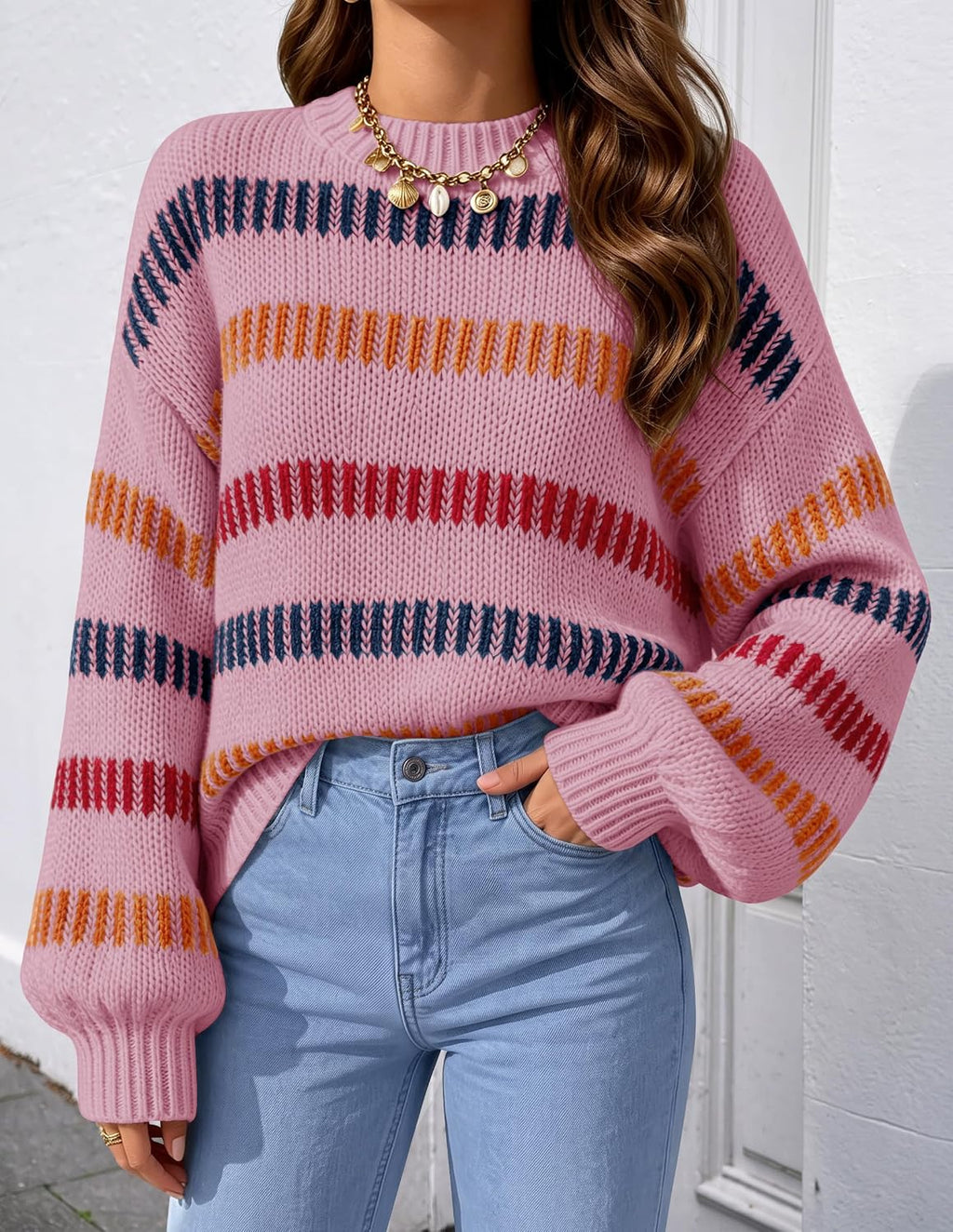 Womens Striped Fall Winter Sweaters Oversize Cozy  Pink - lifestyle look